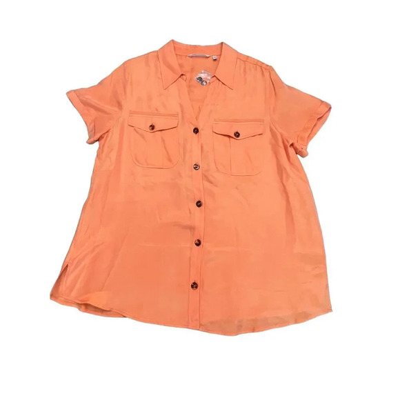 NWOT Soft Surroundings Women's Medium Orange Satin Button-Up Blouse with Pockets - Picture 2 of 5